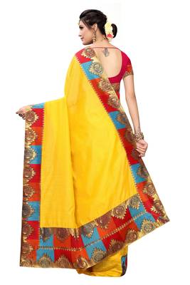 Yellow Plain Chanderi Cotton Saree With Blouse 4