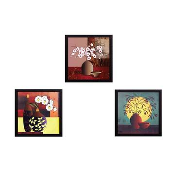Set Of 3 Decorative Botanical Floral Pot Satin Matt Texture UV Art Painting 1