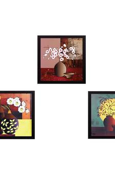 Set Of 3 Decorative Botanical Floral Pot Satin Matt Texture UV Art Painting