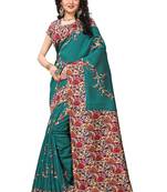 Green printed art silk saree with blouse