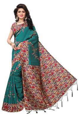 Green printed art silk saree with blouse 2