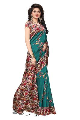 Green printed art silk saree with blouse 3