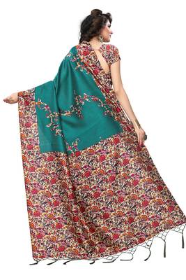 Green printed art silk saree with blouse 4