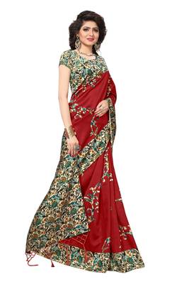 Red printed art silk saree with blouse 3