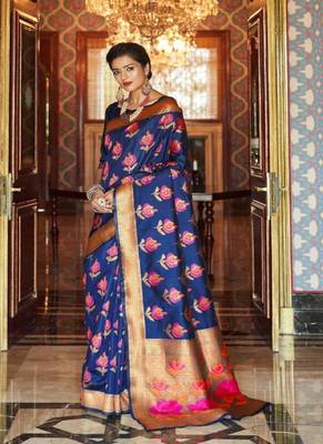   navy blue woven silk blend saree with blouse 1