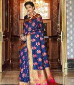   navy blue woven silk blend saree with blouse