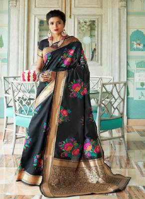 Black woven silk blend saree with blouse 1