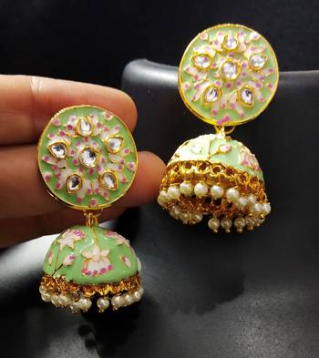 Designer Mint Green Pink Meenkari Kundan Pearl Sonam Kapoor Style Jhumki Earrings 1