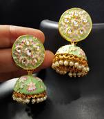 Designer Mint Green Pink Meenkari Kundan Pearl Sonam Kapoor Style Jhumki Earrings