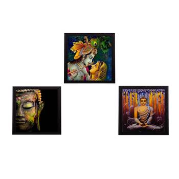 Set Of 3 Radha Krishna and Lord Buddha Paper Painting 1