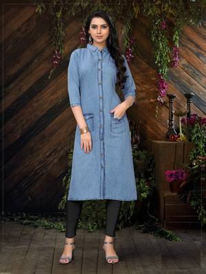 Sky-blue plain cotton long-kurtis 1
