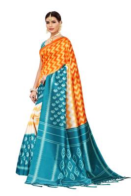green printed art silk saree with blouse 2