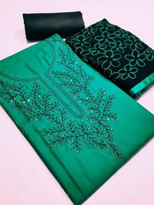 Green Embroidered Satin Unstitched Salwar With Dupatta 1