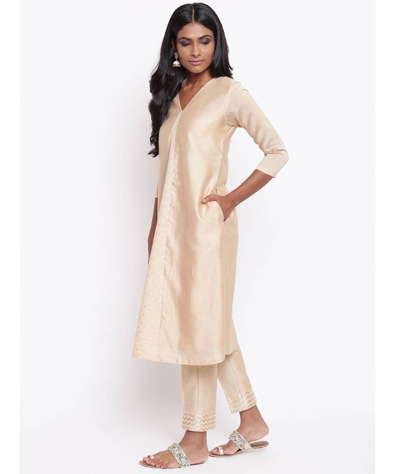 Beige V Foil Kurta Set