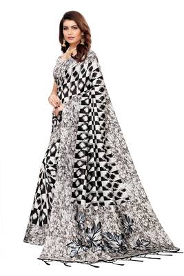 Black printed art silk saree with blouse 1