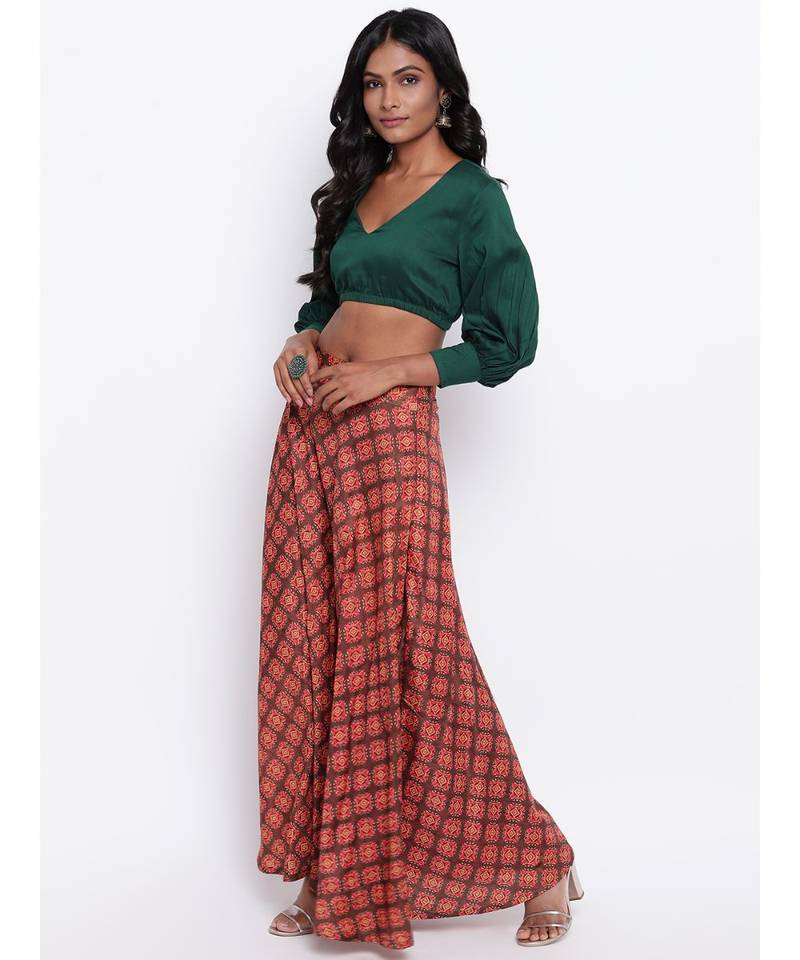 Brown Motif Green Skirt-Set