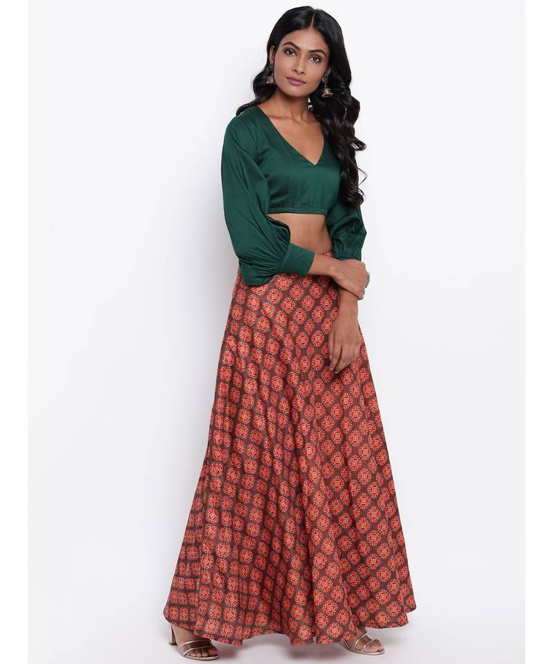 Brown Motif Green Skirt-Set