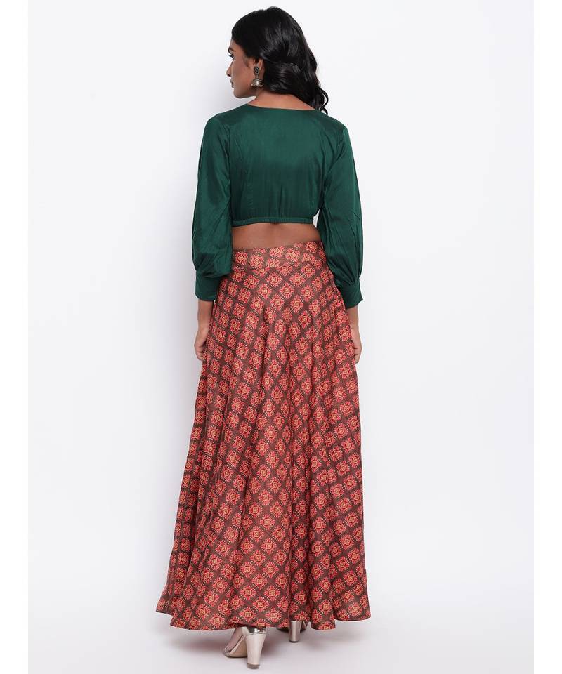 Brown Motif Green Skirt-Set