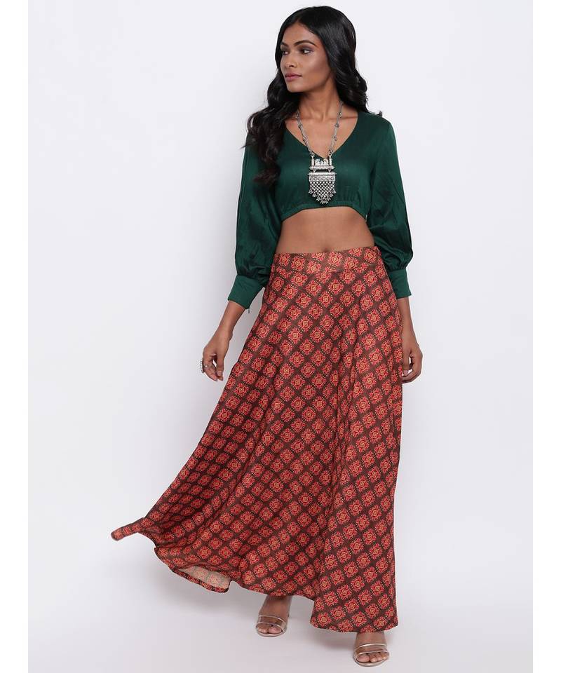 Brown Motif Green Skirt-Set