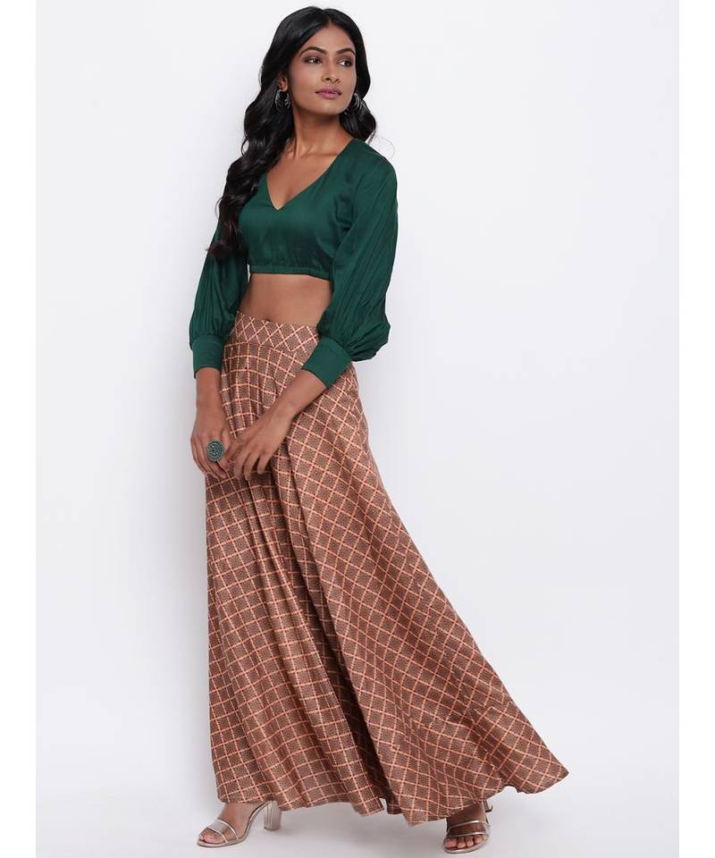 Beige Grid Green Skirt-Set