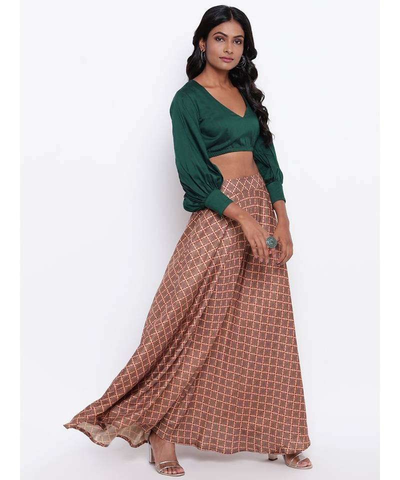 Beige Grid Green Skirt-Set