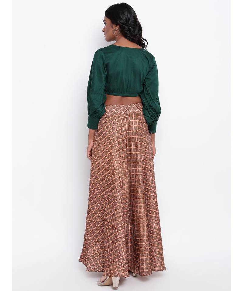 Beige Grid Green Skirt-Set