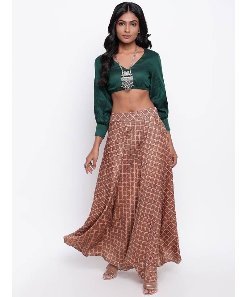 Beige Grid Green Skirt-Set