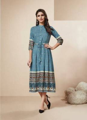 Sky-blue printed rayon long-kurtis 1