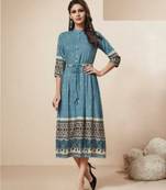 Sky-blue printed rayon long-kurtis