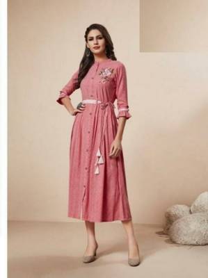 Pink printed rayon long-kurtis 1