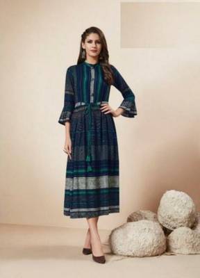 Royal-blue printed rayon long-kurtis 1