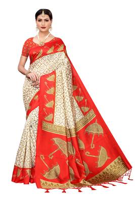 Red printed art silk saree with blouse 1