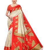 Red printed art silk saree with blouse