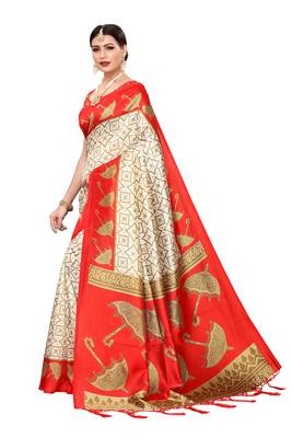 Red printed art silk saree with blouse 2