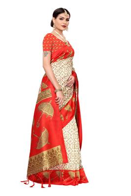 Red printed art silk saree with blouse 3
