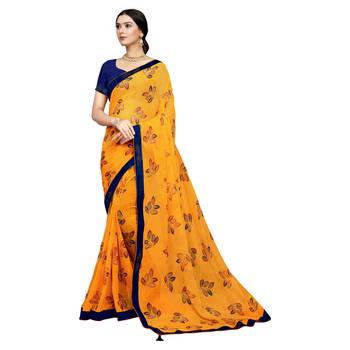Yellow printed georgette saree with blouse 1