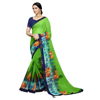 Olive printed georgette saree with blouse 1