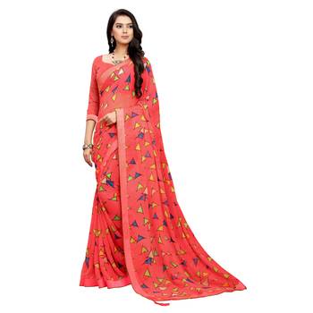 Peach printed georgette saree with blouse 1