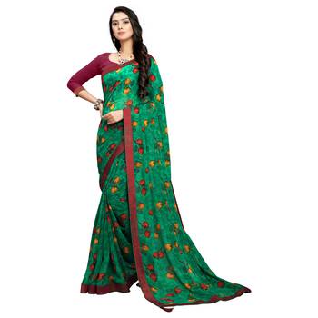 green printed georgette saree with blouse 1