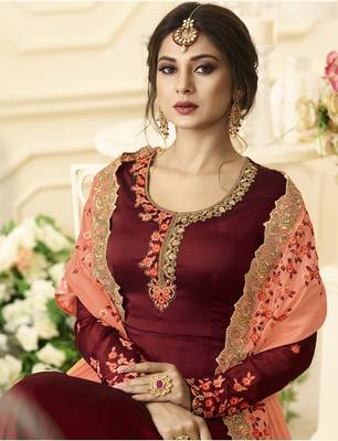 Red Embroidered Satin Salwar With Dupatta 3