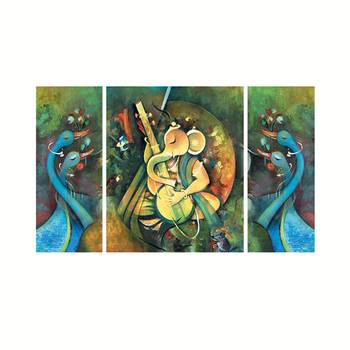 Set of 3 Lord Ganesha Playing Guitar Premium Canvas Painting 1