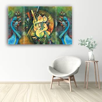 Set of 3 Lord Ganesha Playing Guitar Premium Canvas Painting 2