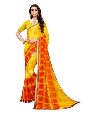 Yellow printed georgette saree with blouse 1