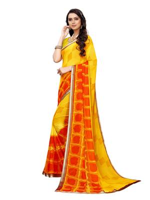 Yellow printed georgette saree with blouse 2