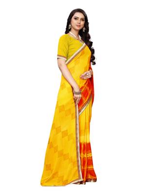 Yellow printed georgette saree with blouse 3