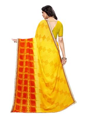 Yellow printed georgette saree with blouse 4