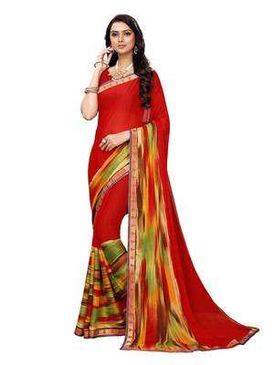 Red printed georgette saree with blouse 1