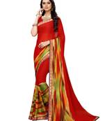 Red printed georgette saree with blouse