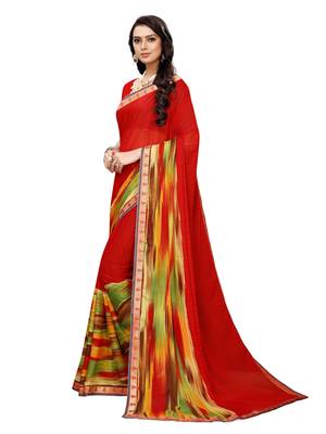 Red printed georgette saree with blouse 2