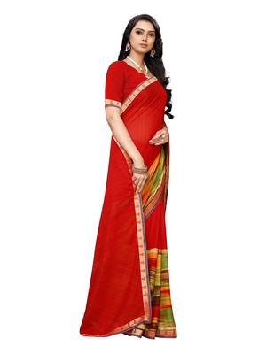 Red printed georgette saree with blouse 3